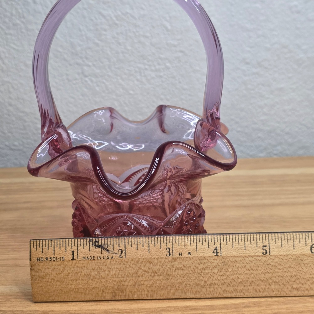 Fenton Dusty Rose Pink Button and Arches Glass Basket Twisted Handle Vintage MCM - Picture 6 of 11